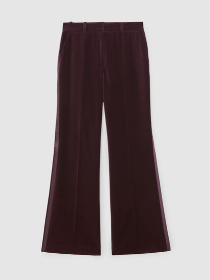 Velvet Tuxedo-Stripe Flared Trousers in Burgundy