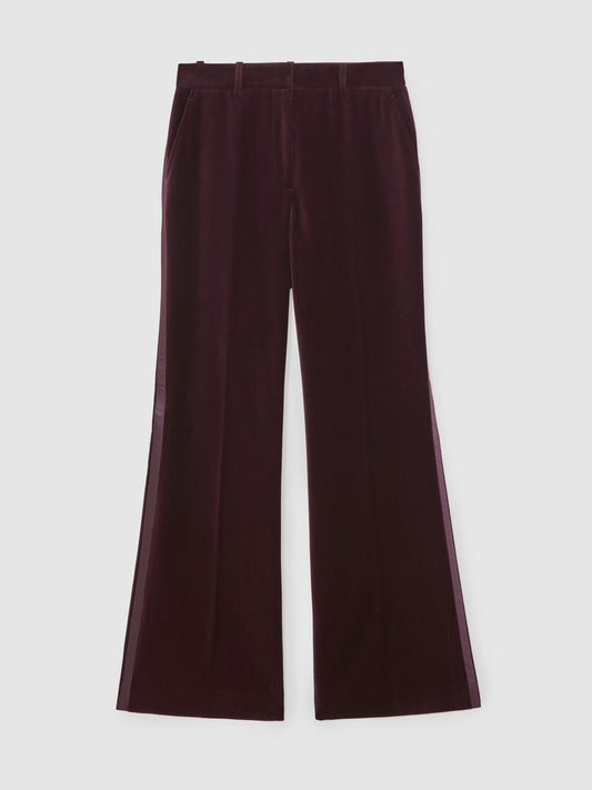 Velvet Tuxedo-Stripe Flared Trousers in Burgundy
