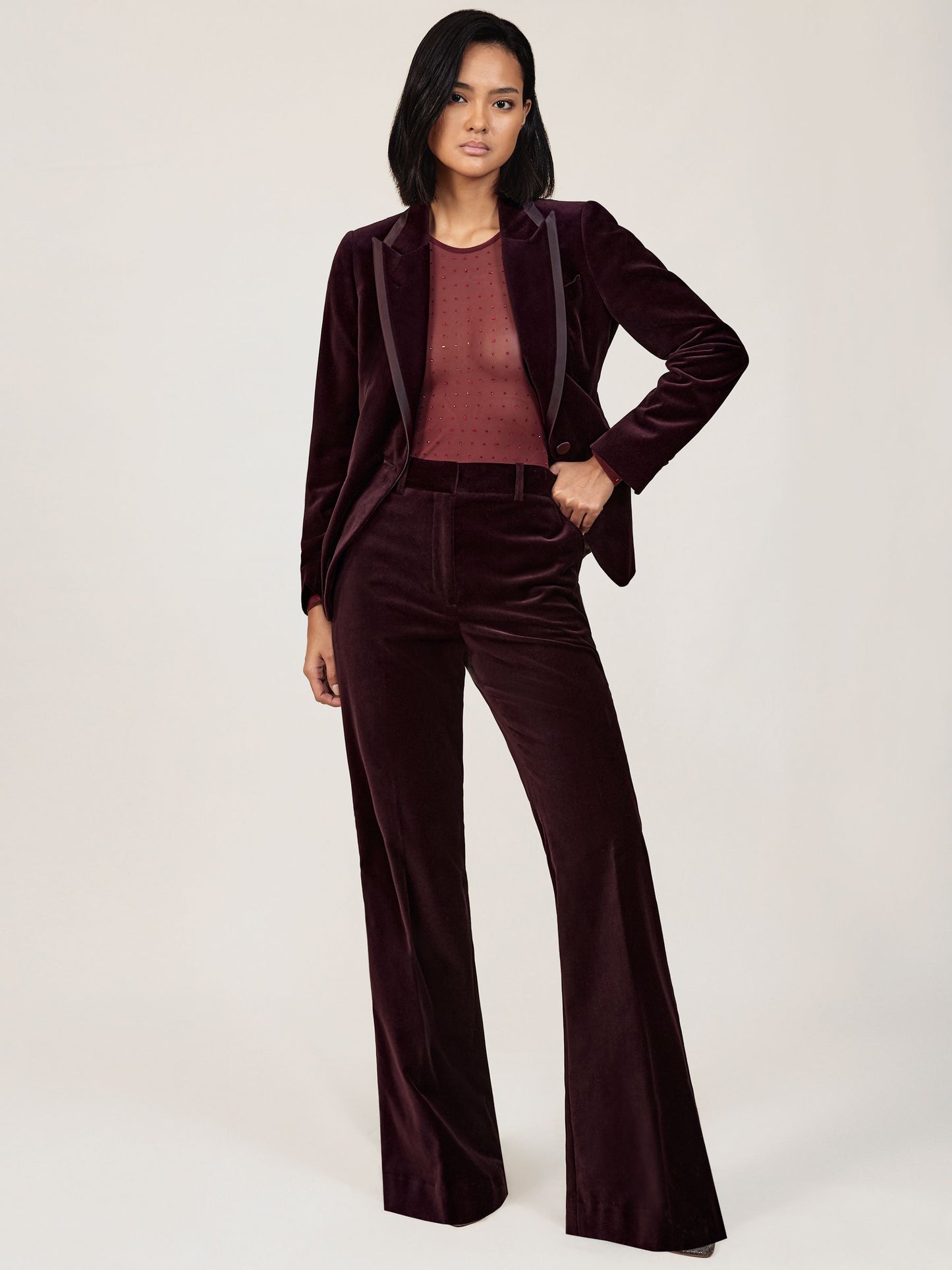 Velvet Tuxedo-Stripe Flared Trousers in Burgundy