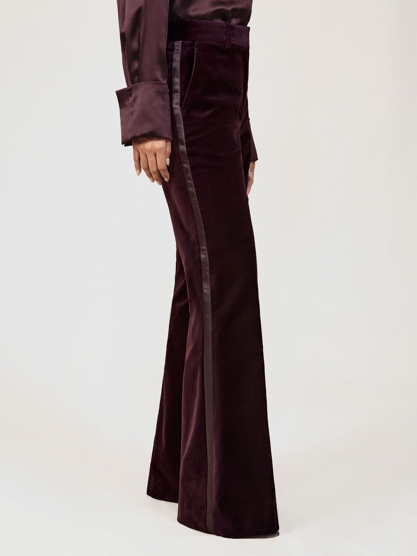 Velvet Tuxedo-Stripe Flared Trousers in Burgundy