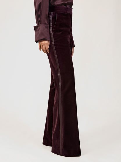 Velvet Tuxedo-Stripe Flared Trousers in Burgundy