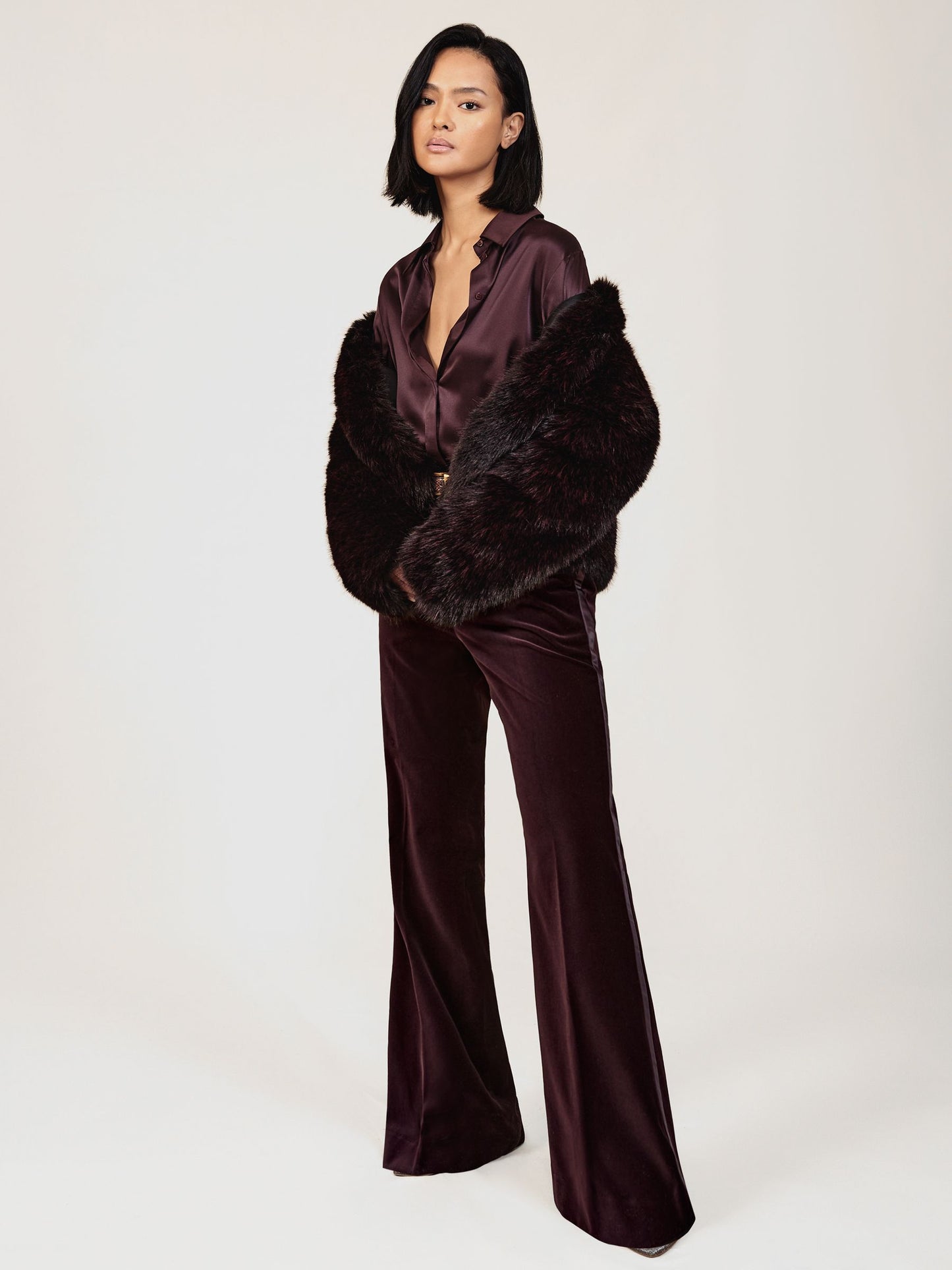 Velvet Tuxedo-Stripe Flared Trousers in Burgundy