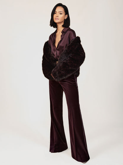 Velvet Tuxedo-Stripe Flared Trousers in Burgundy