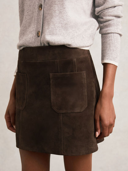 Mini Suede Patch Pocket Skirt in Chocolate Brown