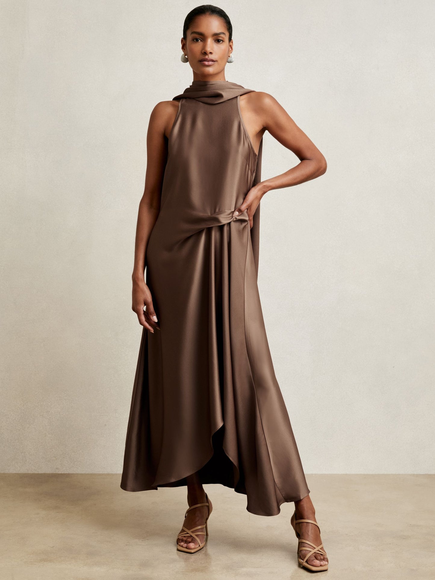 Satin Tuck-Detail Cape Midi Dress in Taupe Brown