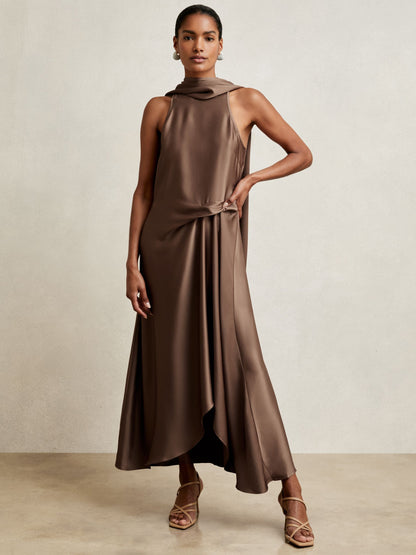 Satin Tuck-Detail Cape Midi Dress in Taupe Brown