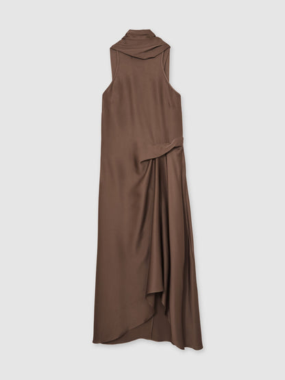 Satin Tuck-Detail Cape Midi Dress in Taupe Brown