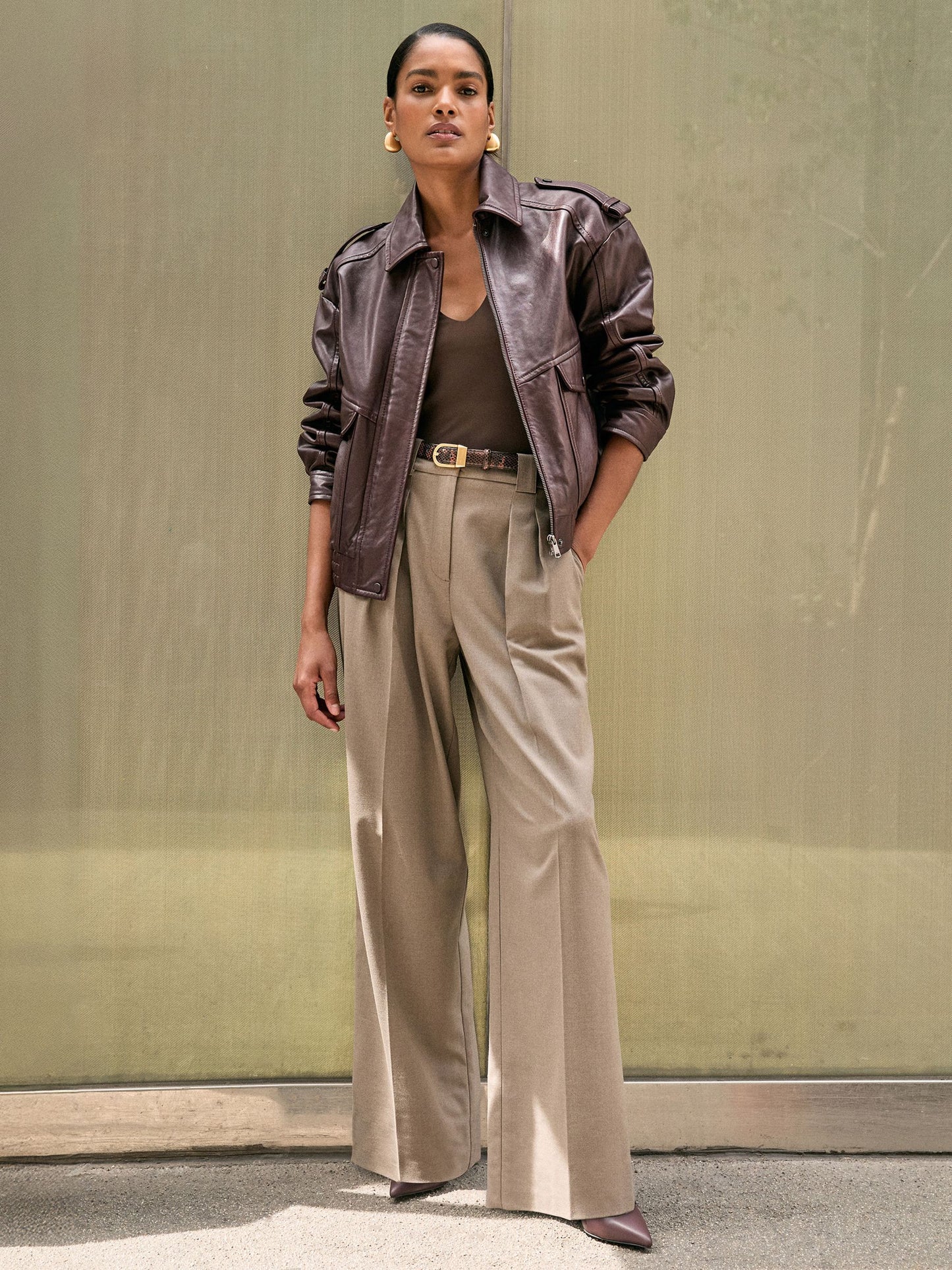 Reiss Oversized Leather Jacket in Aubergine