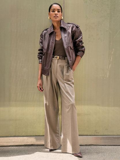 Reiss Oversized Leather Jacket in Aubergine