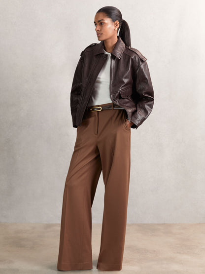 Reiss Oversized Leather Jacket in Aubergine