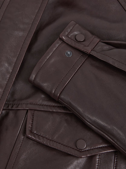 Reiss Oversized Leather Jacket in Aubergine