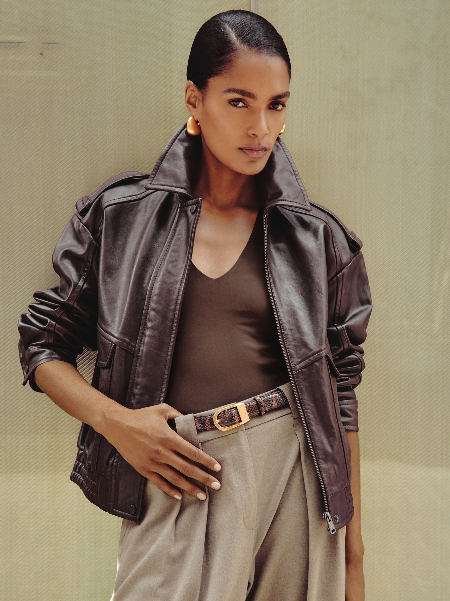 Reiss Oversized Leather Jacket in Aubergine