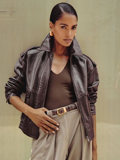 Reiss Oversized Leather Jacket in Aubergine