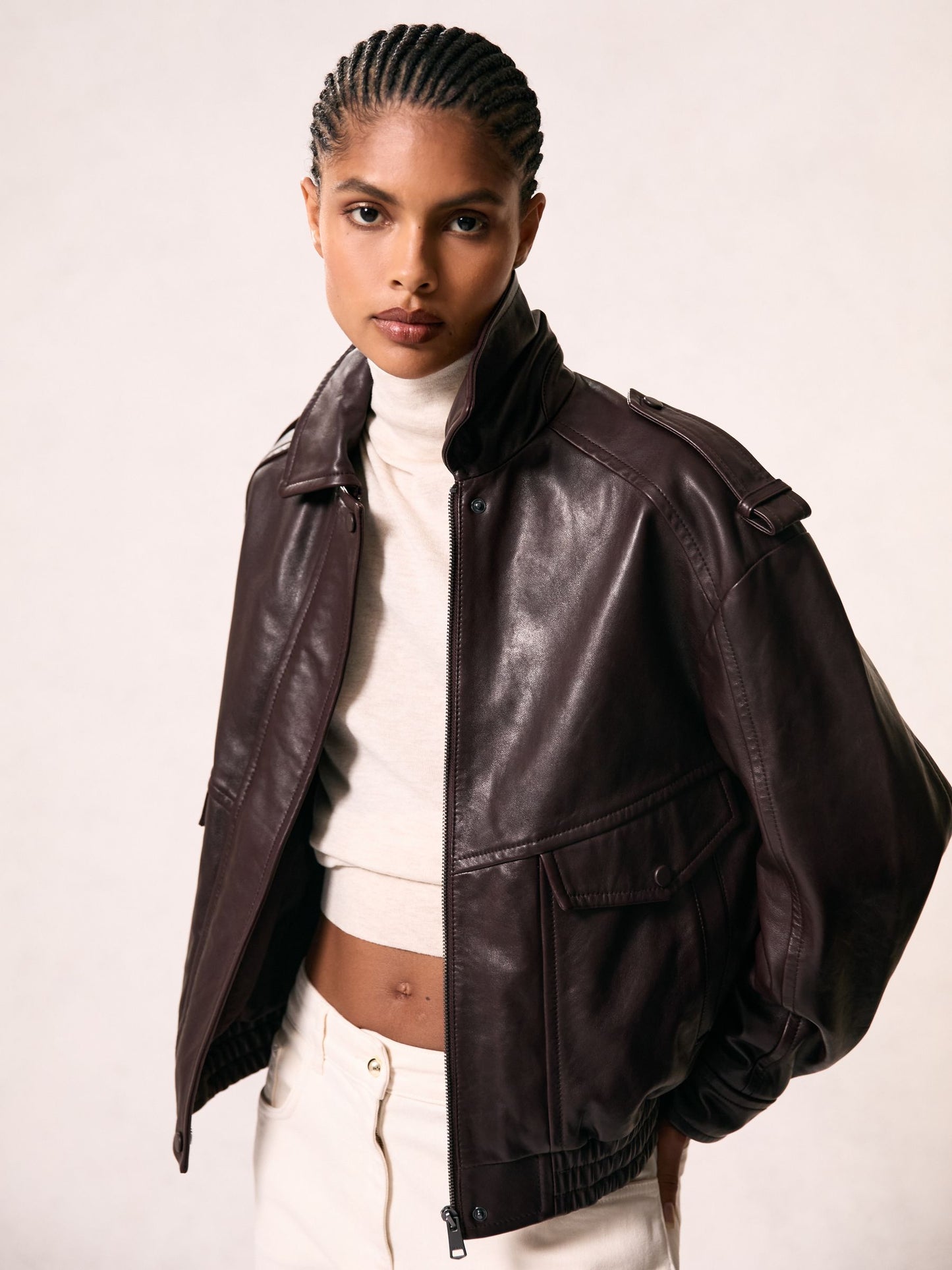 Reiss Oversized Leather Jacket in Aubergine