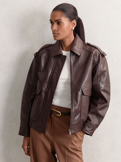 Reiss Oversized Leather Jacket in Aubergine