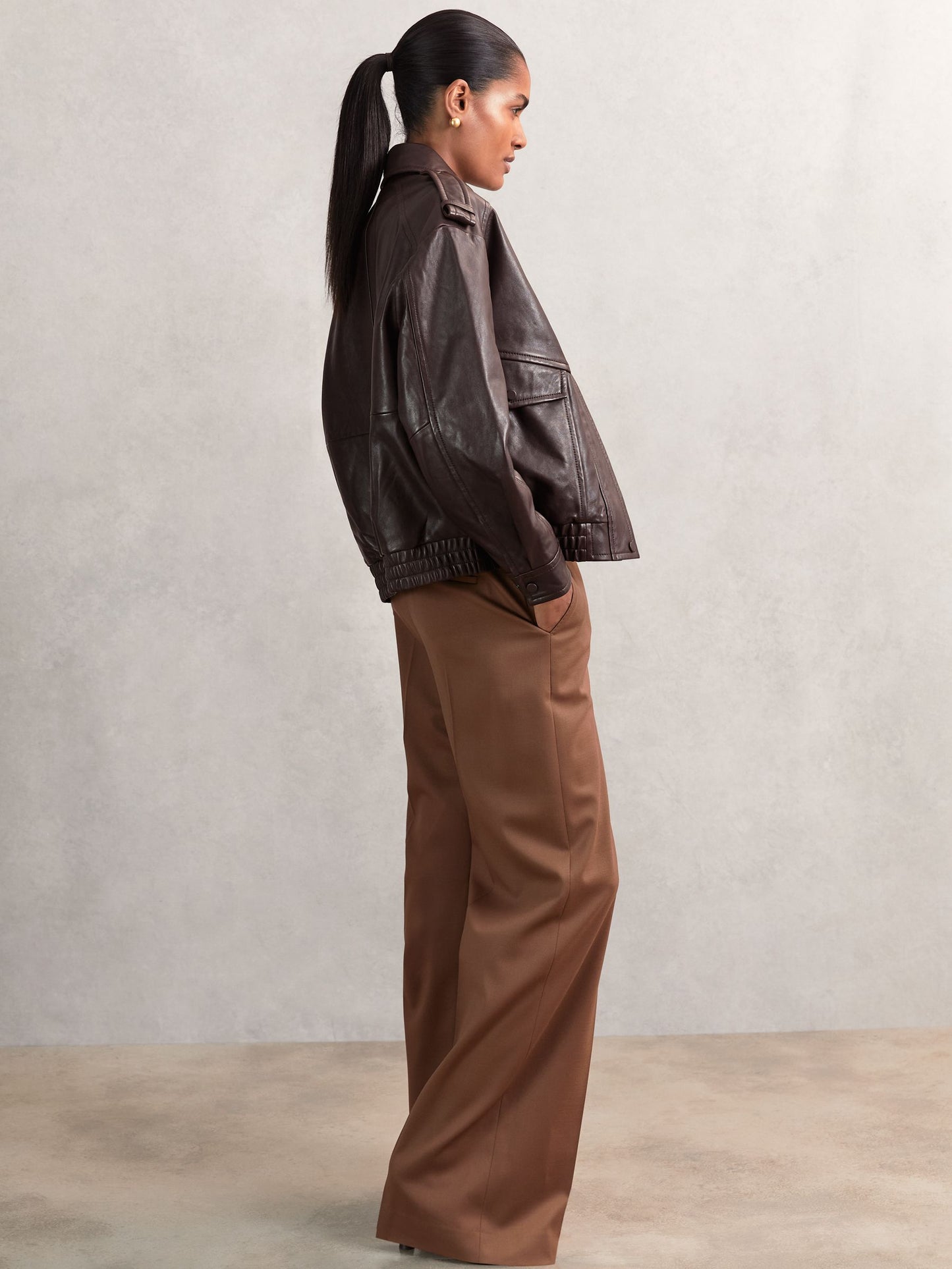 Reiss Oversized Leather Jacket in Aubergine