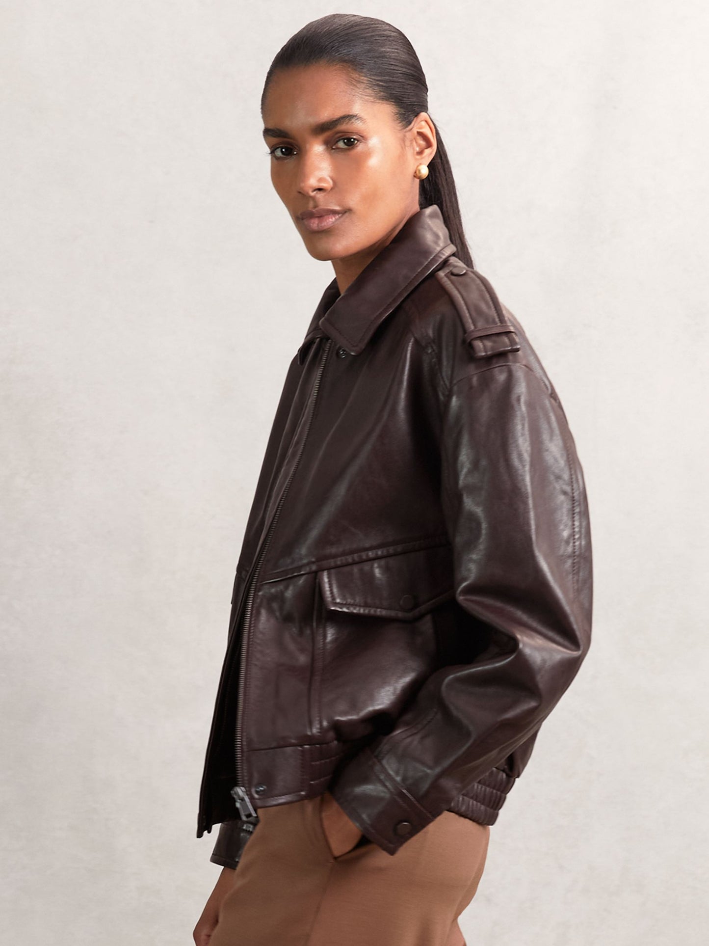 Reiss Oversized Leather Jacket in Aubergine
