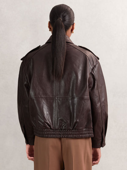 Reiss Oversized Leather Jacket in Aubergine