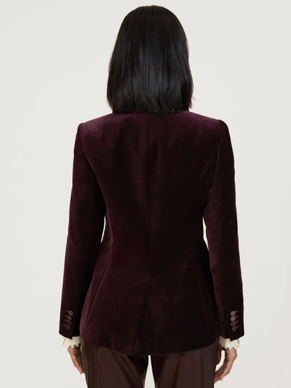 Velvet Single-Breasted Suit Blazer in Burgundy