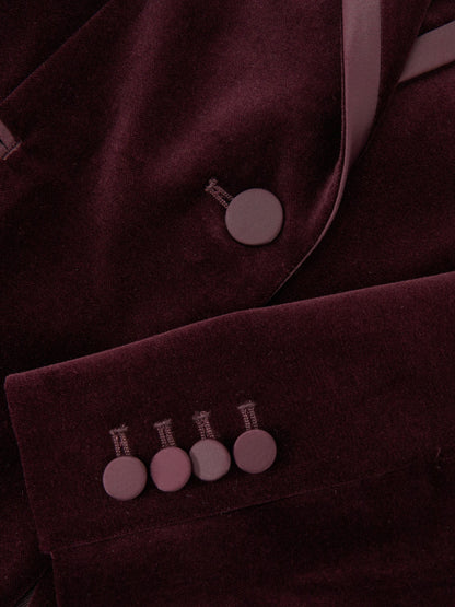 Velvet Single-Breasted Suit Blazer in Burgundy