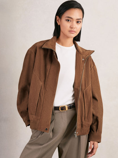 Suede Funnel-Neck Bomber Jacket in Tan