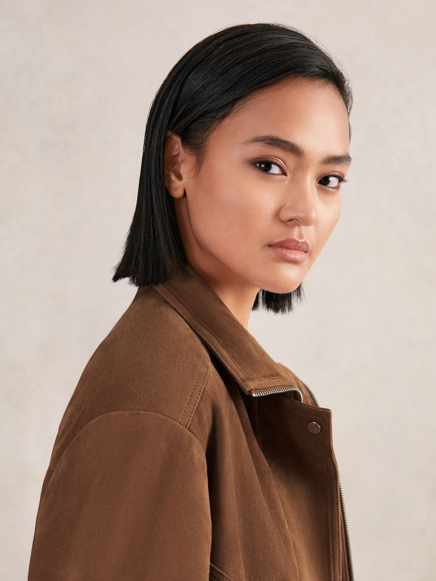 Suede Funnel-Neck Bomber Jacket in Tan