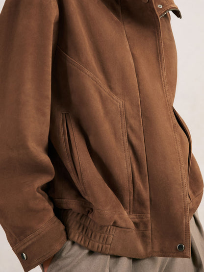 Suede Funnel-Neck Bomber Jacket in Tan