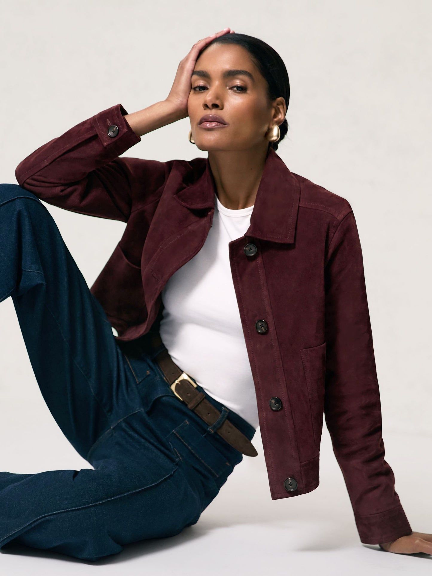 Reiss Suede Button-Through Jacket in Burgundy