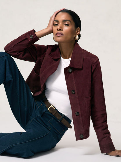 Reiss Suede Button-Through Jacket in Burgundy