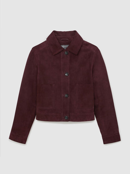 Reiss Suede Button-Through Jacket in Burgundy