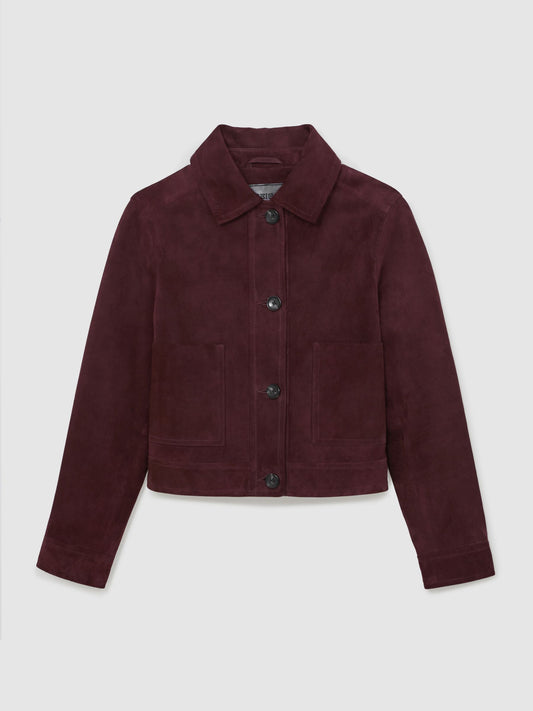 Reiss Suede Button-Through Jacket in Burgundy