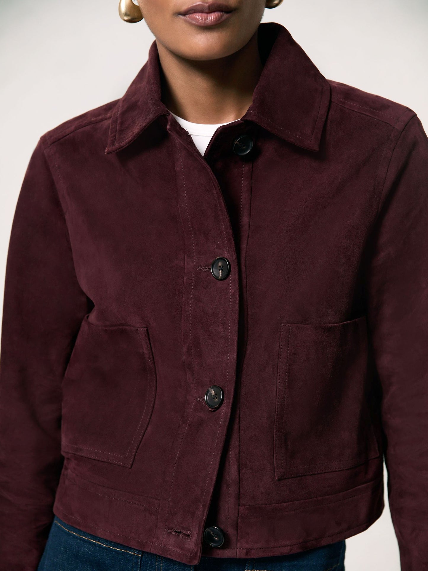 Reiss Suede Button-Through Jacket in Burgundy