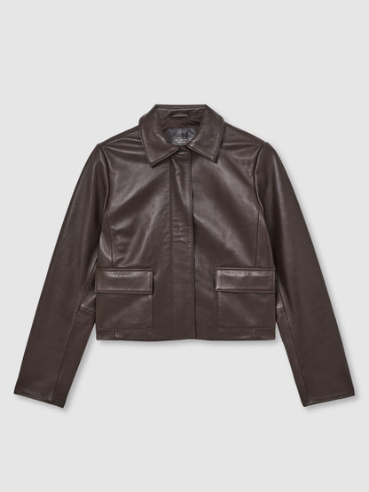Reiss Collared Leather Jacket in Chocolate Brown
