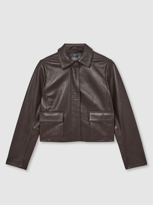 Reiss Collared Leather Jacket in Chocolate Brown