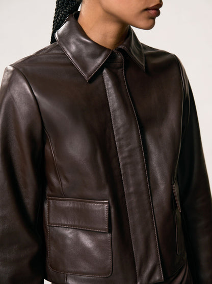 Reiss Collared Leather Jacket in Chocolate Brown