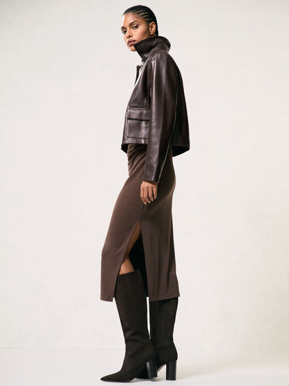 Reiss Collared Leather Jacket in Chocolate Brown