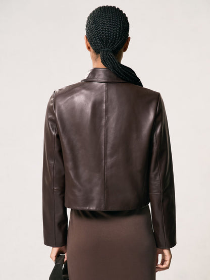 Reiss Collared Leather Jacket in Chocolate Brown