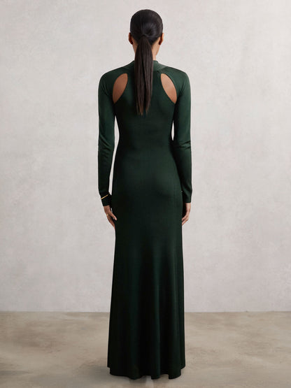 Cut-Out Knitted Maxi Dress in Dark Green