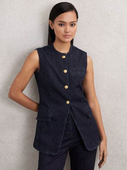 Denim Long-Line Waistcoat in Dark Blue