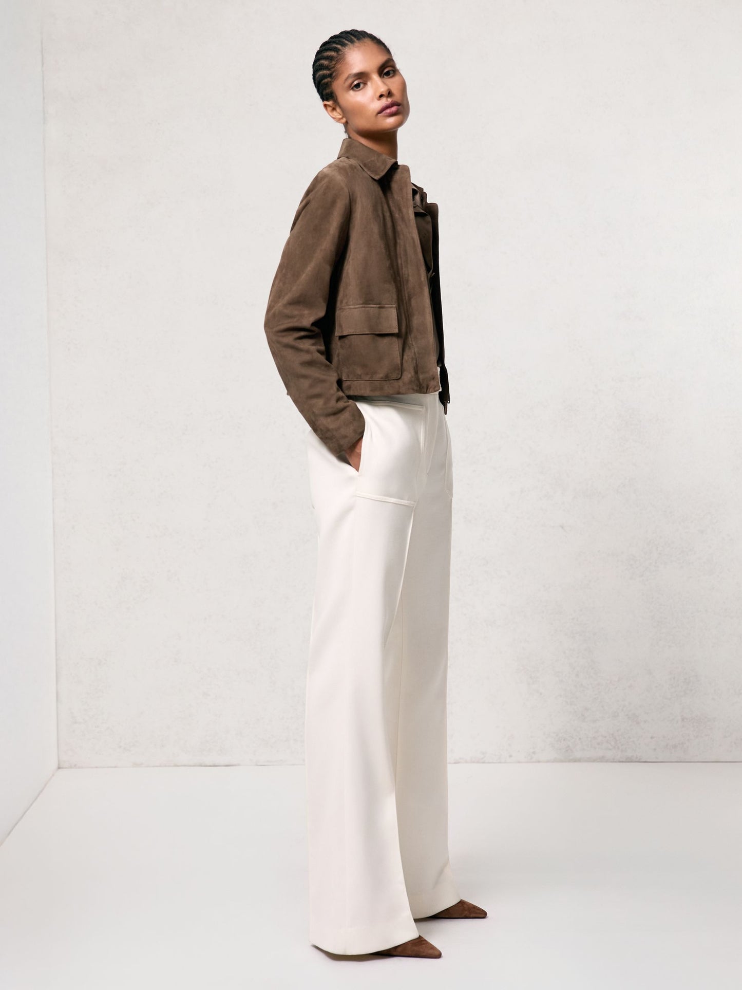 Suede Cropped Jacket in Taupe Neutral