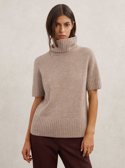 Cashmere Short-Sleeve Roll-Neck Jumper in Oatmeal Neutral