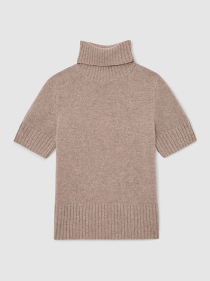 Cashmere Short-Sleeve Roll-Neck Jumper in Oatmeal Neutral
