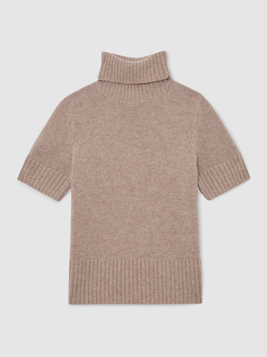 Cashmere Short-Sleeve Roll-Neck Jumper in Oatmeal Neutral