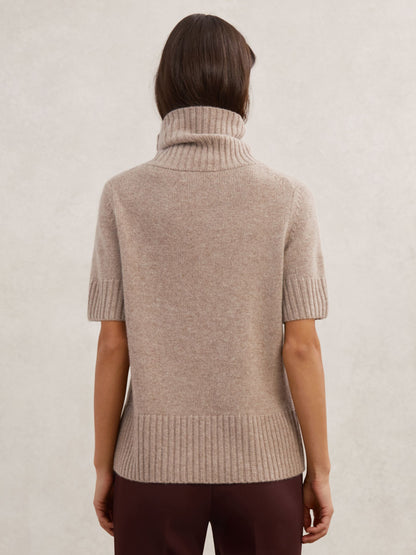 Cashmere Short-Sleeve Roll-Neck Jumper in Oatmeal Neutral