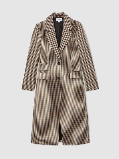 Wool-Blend Check Single-Breasted Coat in Neutral Check