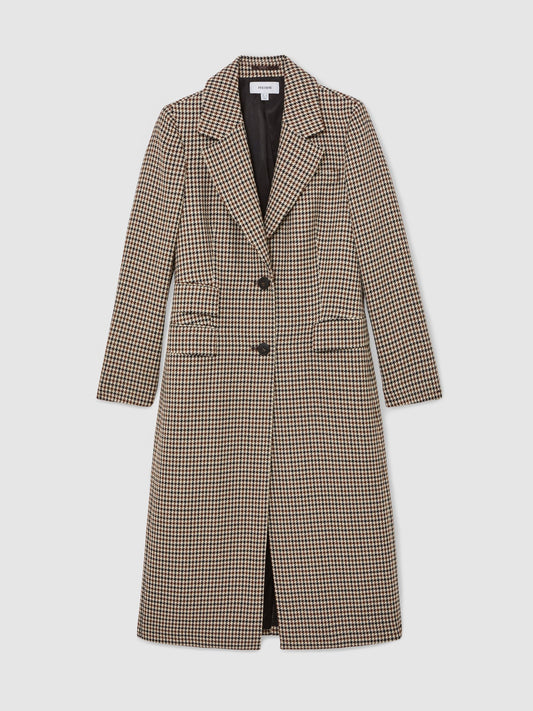 Wool-Blend Check Single-Breasted Coat in Neutral Check