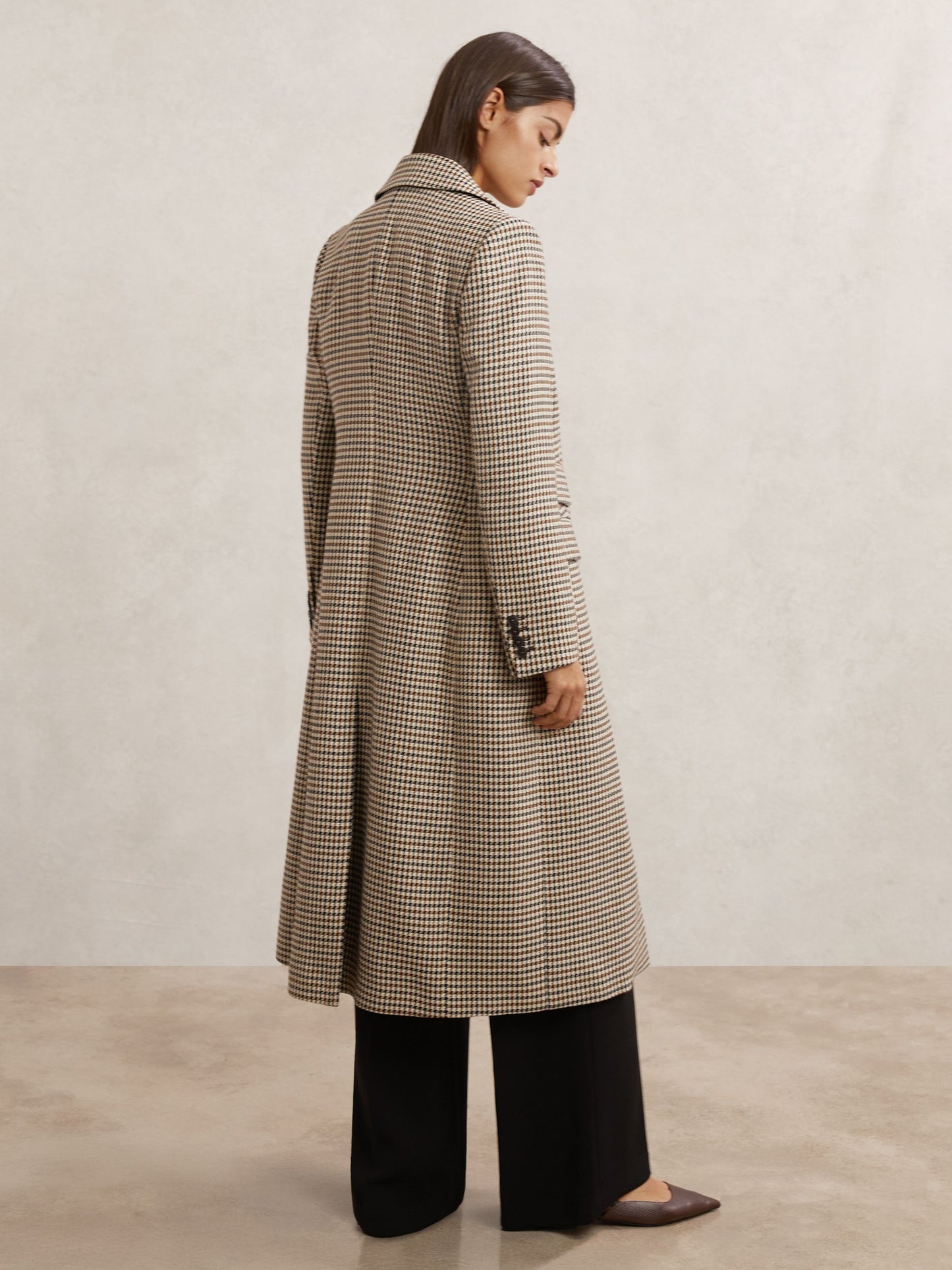 Wool-Blend Check Single-Breasted Coat in Neutral Check