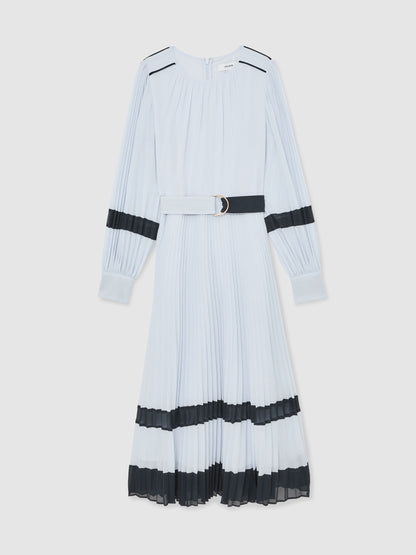 Colour-Block Pleated Midi Dress in Blue/Navy