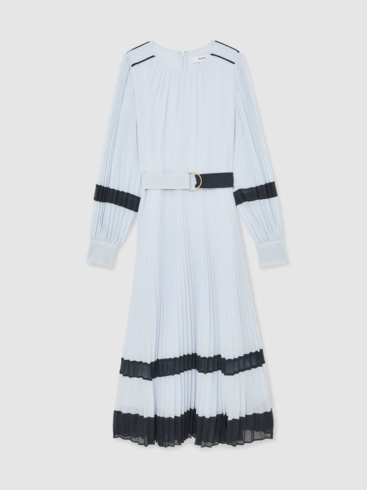 Colour-Block Pleated Midi Dress in Blue/Navy
