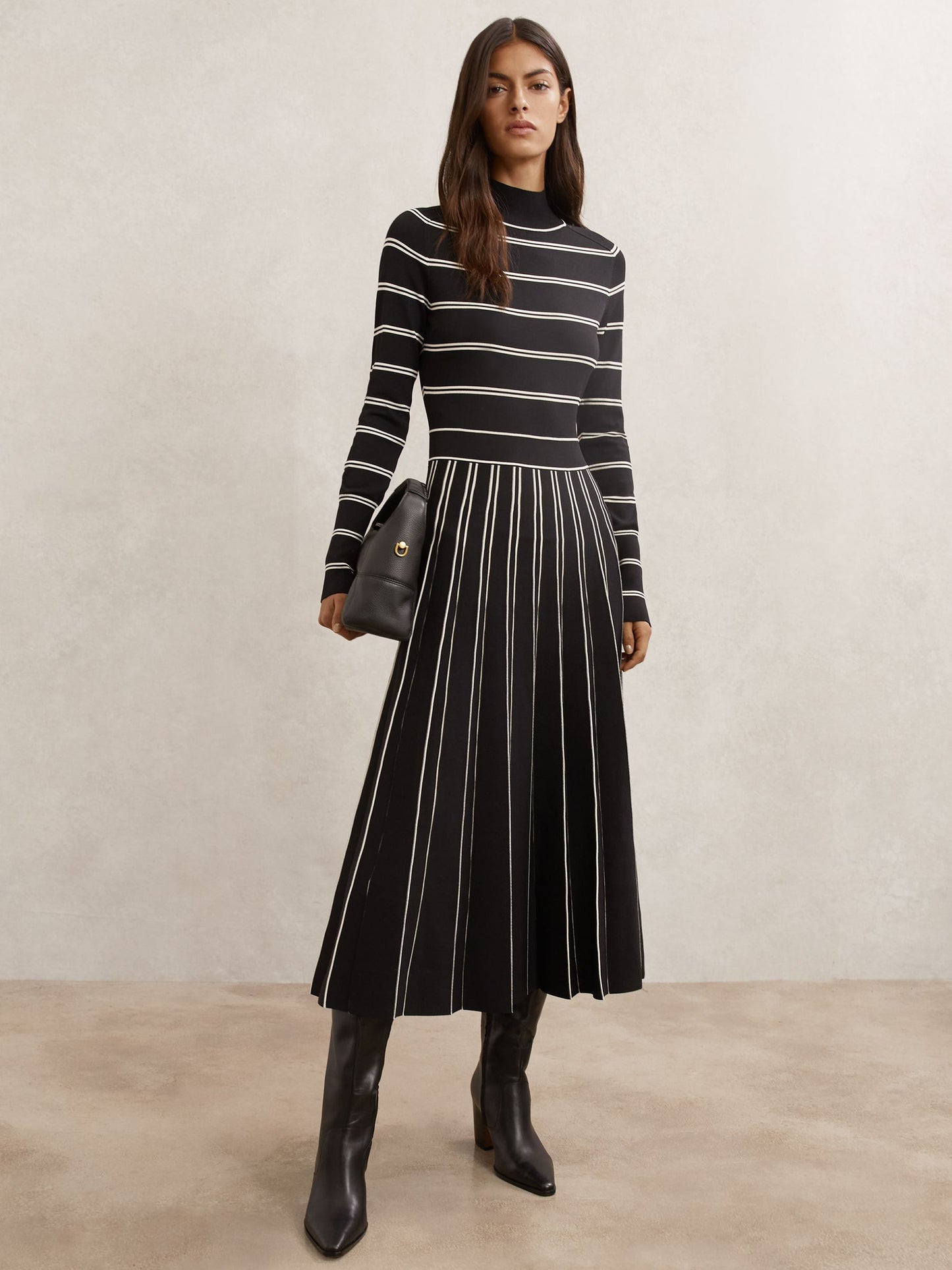 Stripe Pleated Knitted Midi Dress in Black/Ivory